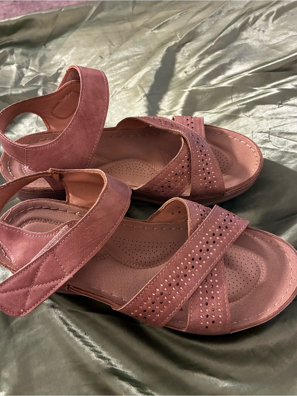 Rose Gold Blush Bedazzled Comfortable Mini Wedge Summer Sandals w/ Velcro Strap